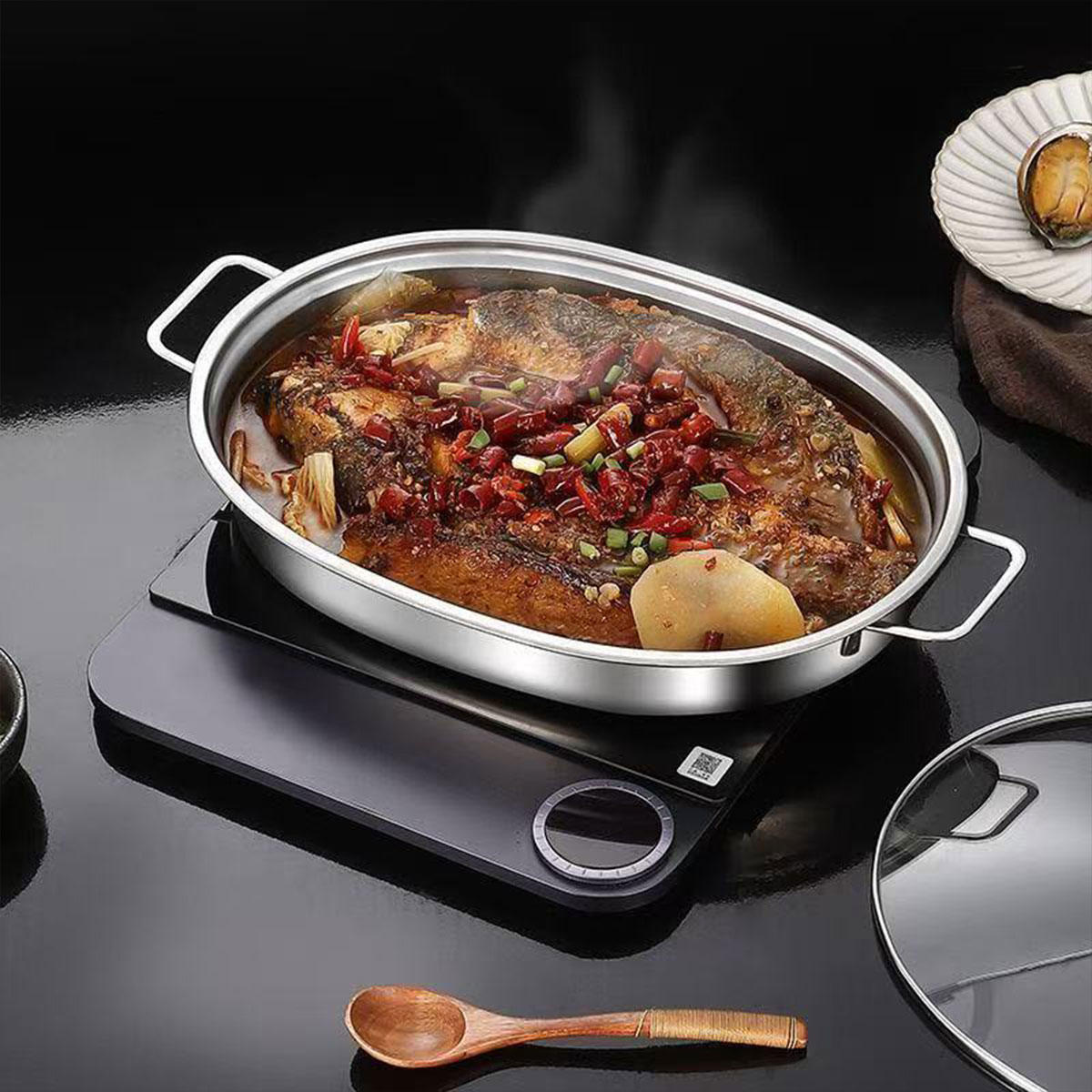 Induction Cooker Commercial - Bandeja de Aço Inoxidável com Alças